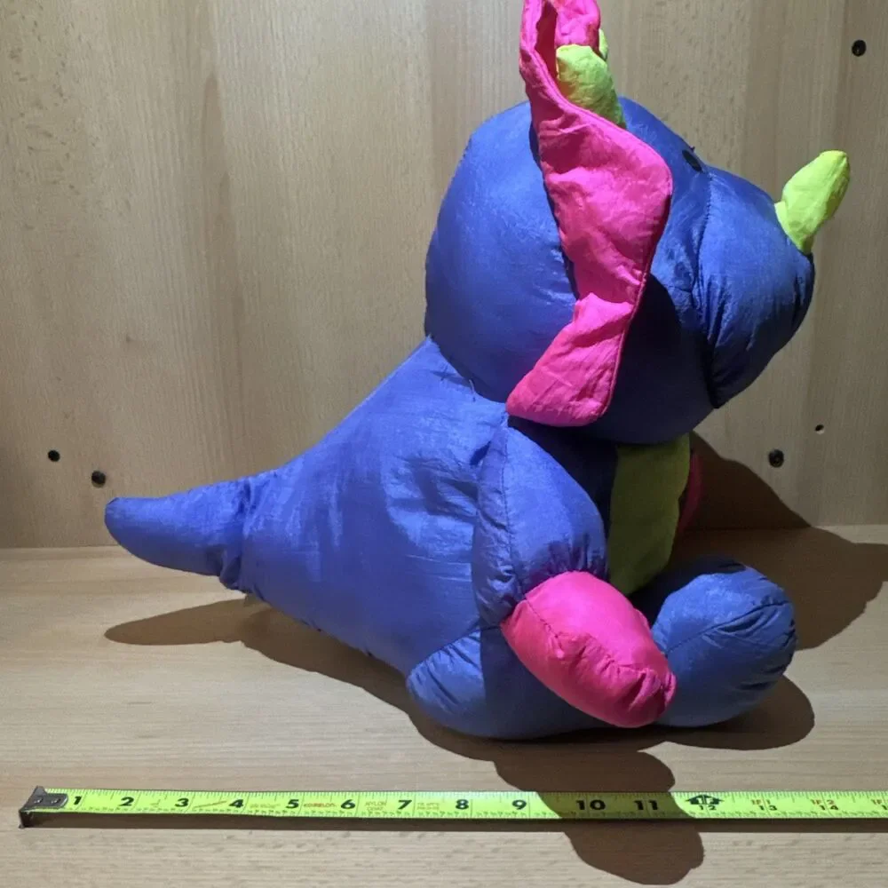 Stuffins 90’s Triceratops Nylon Plush Dinosaur Pink Blue Squeaker Parachute  Vtg